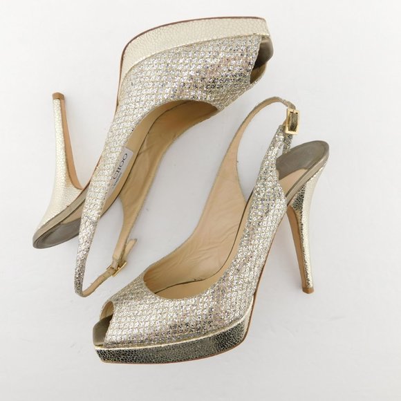 JIMMY CHOO CLUE Champagne Glitter Sling Pumps 37.5